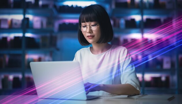 Young Asian Woman Working on Laptop in Modern Office with Neon Lights.