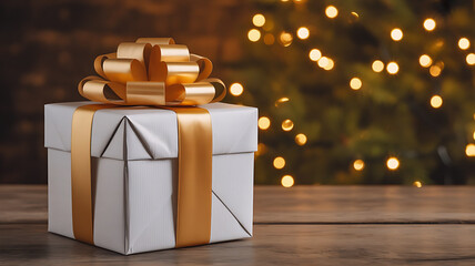 Close up of an elegant Christmas gift box with golden ribbon on a wooden table with soft glowing lights in the background creating a warm festive mood and a clean minimal setup ideal for holiday visua