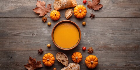 Flat lay of pumpkin soup on gray wooden table emphasizing seasonal ingredients, autumn observance