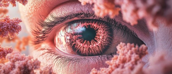 Close up of human eye with microscopic particles showing advanced nanotechnology concept