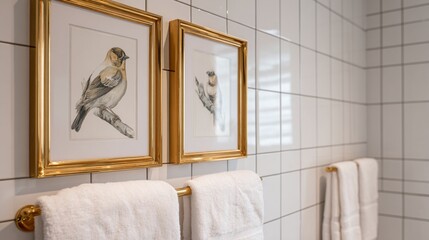 Elegant bathroom wall with framed vintage bird sketches in golden frames, complementing white subway tiles and soft towels