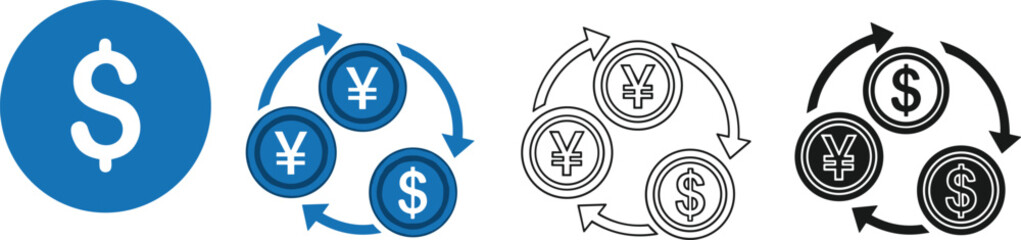 Currency Exchange and Foreign Transaction Icons: Dollar and Yen Trading, Forex Market, Global Finance, and Payment Loop