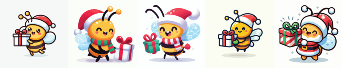 cute bee character vector in Christmas clothes carrying gifts