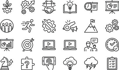 Business strategy and planning icons set, productivity, teamwork, goal setting, innovation, problem-solving, presentation, development, flat linear vector illustration.