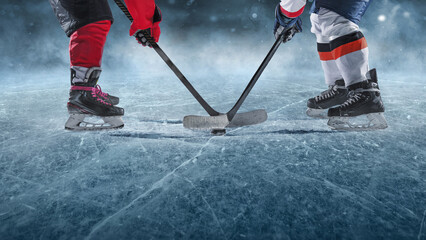 Naklejka premium Ice hockey players on the grand ice arena. A game in the ice hockey hall.