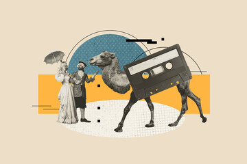 Exclusive 3d image full photo collage of happy duchess duke man girl dance together camel animal cassette music party disco