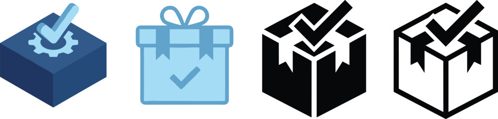 Confirmed Order and Delivery Icon Set, Verified Gift Box, Successful Shipment, Quality Check, Service, Vector