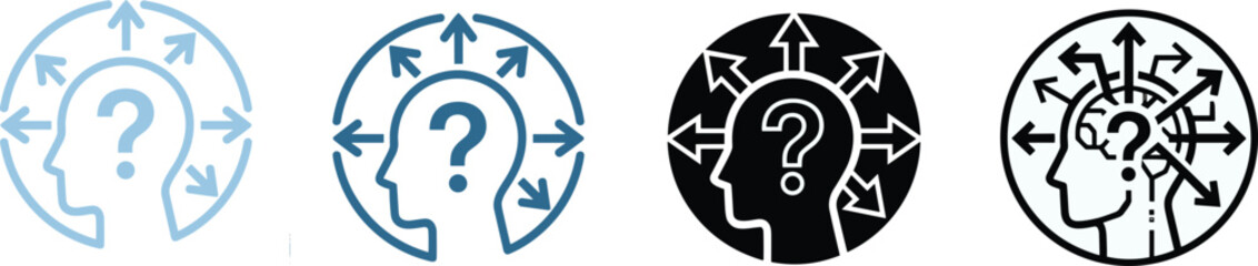 Confusion icon set, difficult decision-making process, multiple choices, uncertainty, question mark in head surrounded by divergent arrows, problem solving vector.