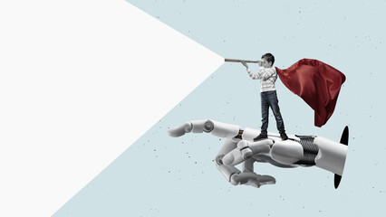 A child uses artificial intelligence, symbolically represented as a cyber robotic hand, to search...