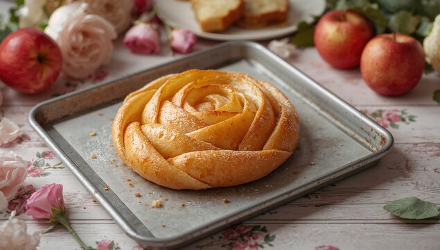 Rose-shaped apple pastry on a baking sheet, fiber-dense choice