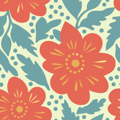 Seamless pattern with flowers and leaves in vintage style with vector illustration