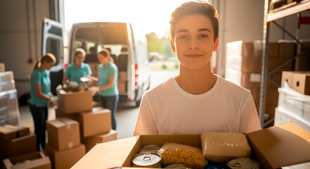 Boy volunteer holding a donation box with food items in a warehouse. Food bank charity and community support concept for social good.