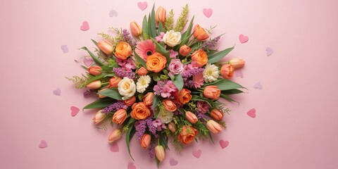 Spring floral arrangement and paper hearts on pastel pink table, ideal for seasonal celebration