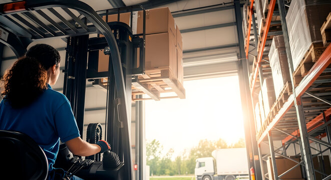 Woman forklift operator working at warehouse. Cargo transportation and logistics managing concept, moving goods for distribution. - Powered by Adobe