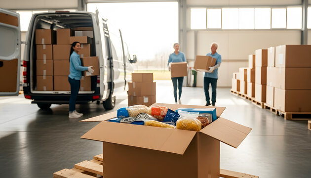 Woman volunteering to load food donation boxes into a van, helping with charity during the holiday season. Humanitarian aid and community support for needy people.