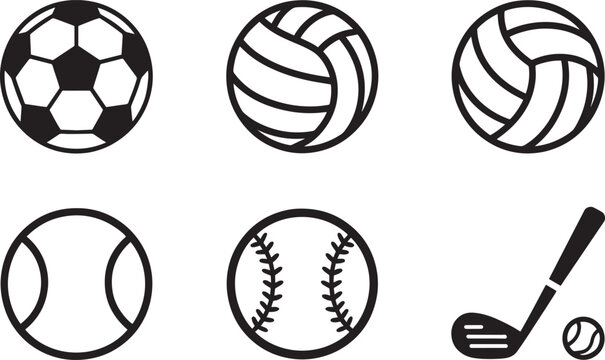 Collection of six various sport icons showing different types of balls and athletic equipment for games