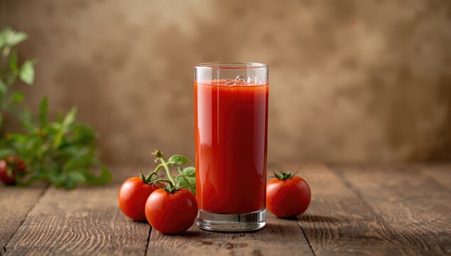 Tomato juice with fresh ripe tomatoes on the branch, emphasizing natural ingredients, World Food Day - Powered by Adobe