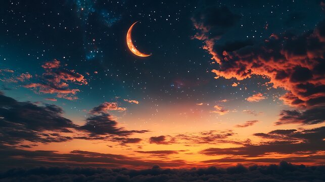Crescent moon shining above colorful sunset clouds in dramatic sky
