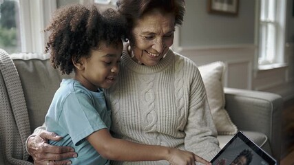 Happy grandmother and child video calling on digital tablet in cozy living room for intergenerational family connection concept - Powered by Adobe