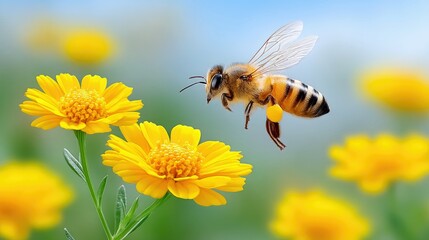 A bee flies near yellow flowers in a garden on a sunny day. The image is in focus, with a shallow depth of field.