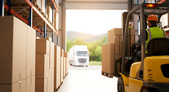 Man in forklift lifting boxes in warehouse with truck waiting outside. Logistics and distribution industry concept for shipping and delivery.