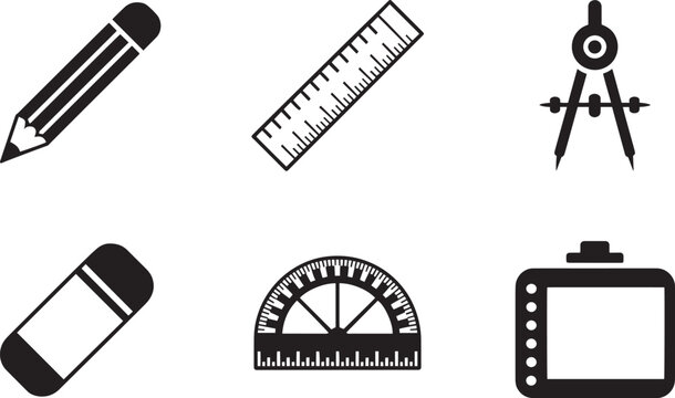 Six geometry and technical drawing tool icons featuring pencil ruler protractor compass eraser and digital pad
