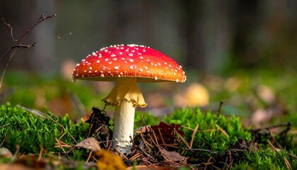 Red mushroom in forest on green moss.
