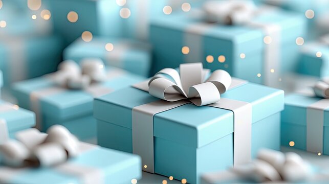 Close-up of a collection of blue gift boxes tied with white ribbons and bows, creating a festive and celebratory background with bokeh.