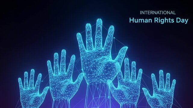Human Rights Day concept with glowing hands raising against dark background. - Powered by Adobe