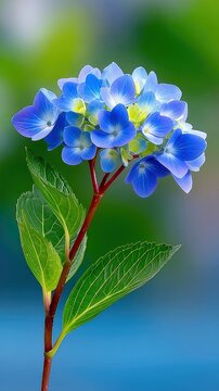 Close-up of a vibrant blue hydrangea flower with green leaves and a blurred background. The flower is in full bloom, showcasing its delicate petals and intricat