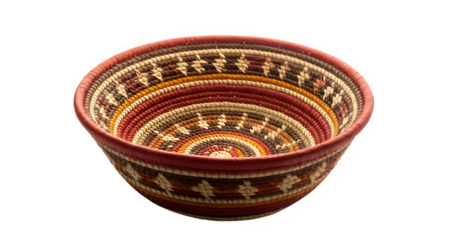 Handwoven colorful shallow basket with intricate geometric pattern isolated on transparent background - Powered by Adobe