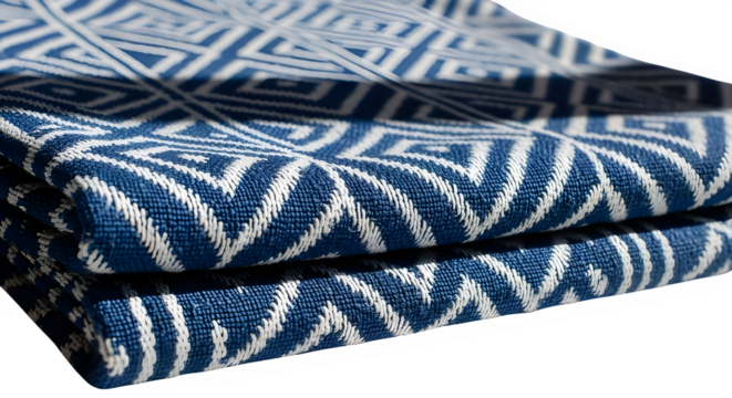 Close up of folded blue and white textile with geometric pattern isolated on transparent background