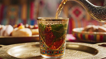 Pouring Traditional Moroccan Mint Tea from Silver Teapot into Ornate Glass on Brass Tray with Pastries Showcasing Cultural Hospitality and Refreshment.