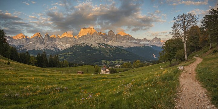 Dolomites landscape with rugged peaks and lush greenery, serving as a scenic outdoor backdrop for nature photography