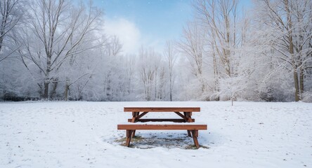 Park benches and tables covered with snow in the fall, seasonal weather impact on outdoor furniture
