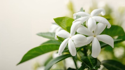 Obraz premium Close-up of fresh white jasmine flowers with delicate petals and green leaves used in floral arrangements, purity and beauty emphasis