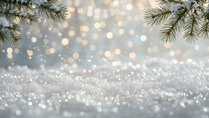 A festive winter background with shimmering gold and silver bokeh, frosted pine branches and soft snow. Ideal for holiday cards, banners