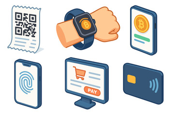 Digital payment icons featuring bitcoin smartwatch and mobile transactions