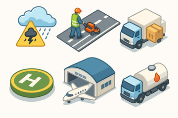 Isometric icons of construction, transport, and weather elements