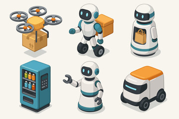 Set of cute delivery robots and vending machine in isometric style