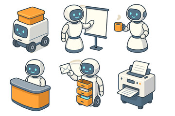 Robots engaged in office tasks with presentation, coffee, reception, mail, and printing activities