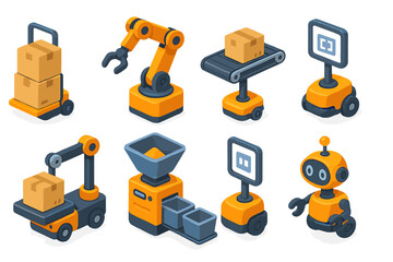 Isometric set of warehouse robots with conveyor and boxes