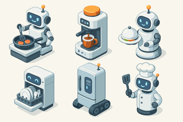 Cute cooking robots and appliances set in kitchen scene