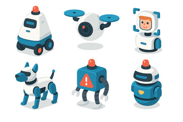 Collection of six cartoon robots featuring dog bot, drone, and humanoid