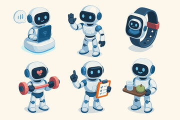 Cute robots engaging in various activities including exercise and serving