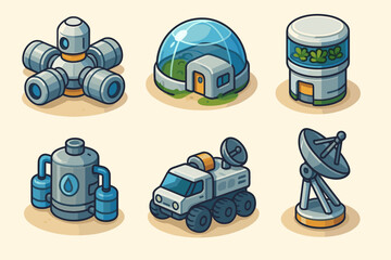 Futuristic space colony icons: dome, rover, satellite, habitat structures