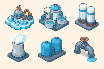 Isometric water facility icons with industrial equipment and technology elements