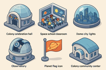 Futuristic space colony icons: celebration hall, classroom, dome city, observatory, planet flag, community center