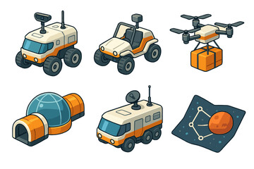 Futuristic rover vehicles and drone on mars with habitat and map