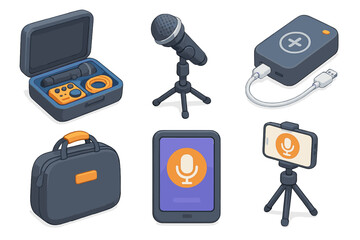 Podcast equipment set with microphone, recorder, tablet, and stand